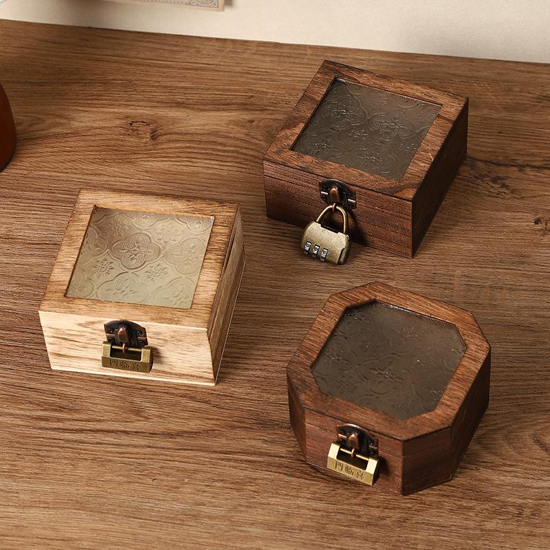 Lockable Begonia Glass Storage Box - Retro Wooden Dressing Table Organizer