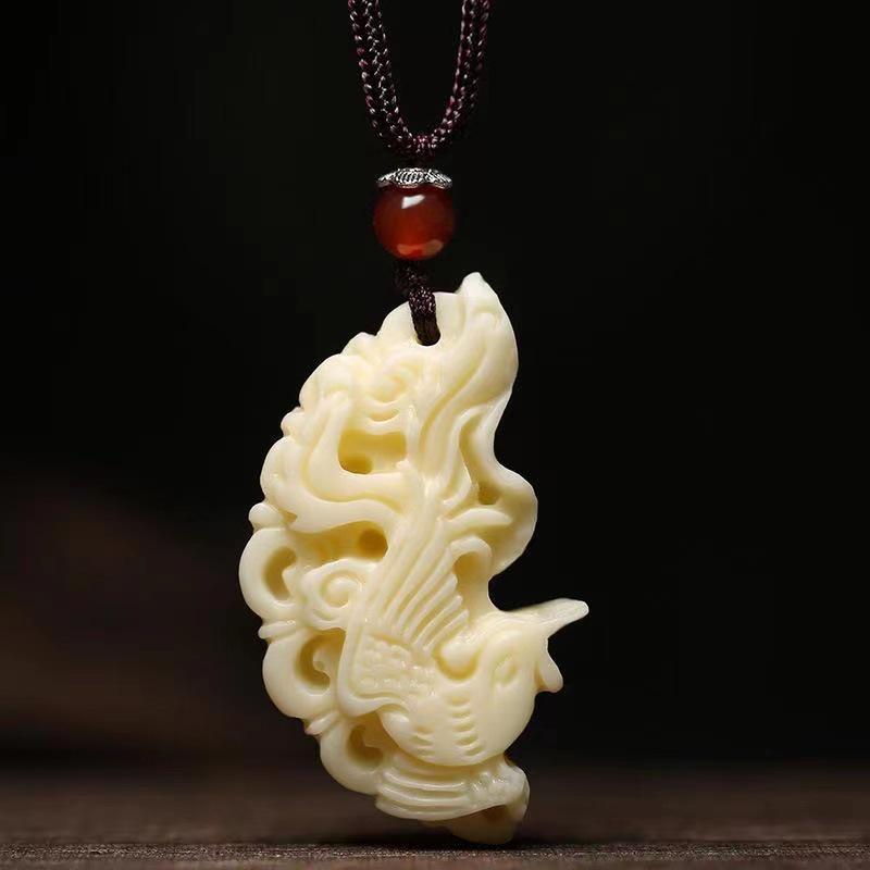 Dragon and Phoenix Ivory Nut Pendant Necklace - Versatile and Auspicious Valentine's Day Gift for Couples
