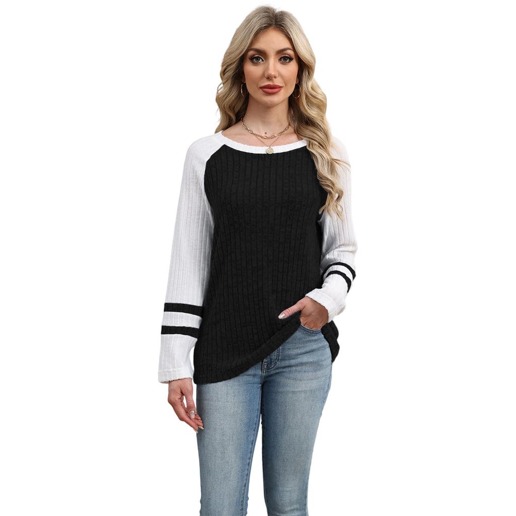 New Autumn and Winter Round-neck Off-the-shoulder Sleeve Knitted Top with Color-blocking and Patchwork Sweater