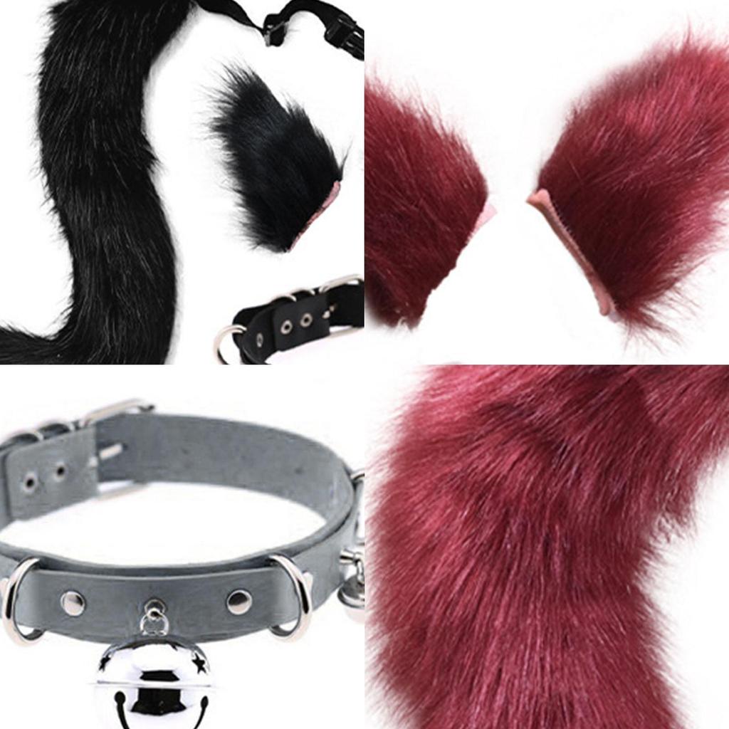 Set de urechi de blană artificială coadă urechi și coadă de pisică Set de coadă de ureche pentru copii adulți costum cosplay de petrecere de Halloween