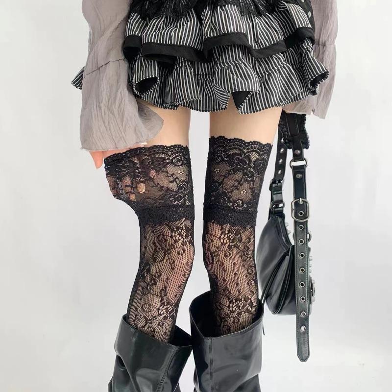 New Women Flower Lace Fishnet Thigh High Stockings Japanese Style JK Girl Sweet Lace Trim Frilly Over Knee Long Socks