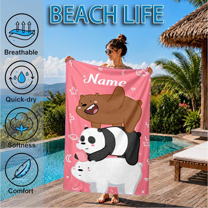 Custom Name Brown Bear Heart Love Beach Towel Microfiber Beach Towel, Lightweight and Quick-Dry, for Summer Travel, Swimming Pool Gift