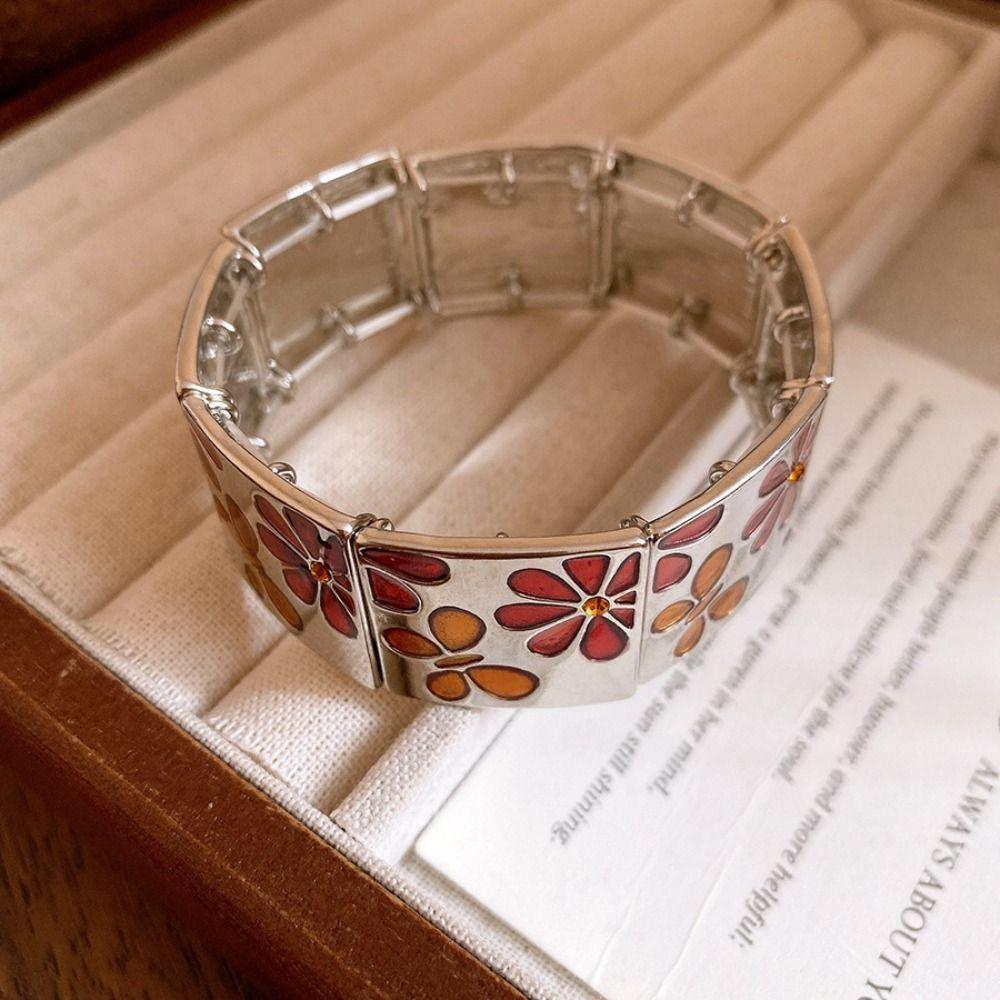 Silver Drip Oil Flower Bracelet Metal Elastic Bangles Creative Geometric Square Bangle Girls Gift