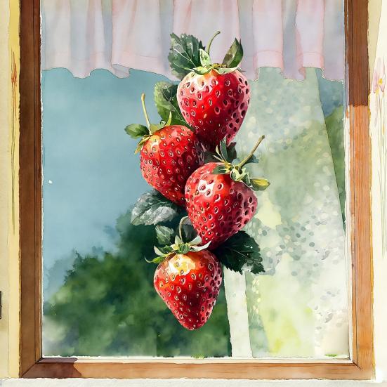 Strawberry Window Cling Watercolor Fruits Static Glass Decals Reusable Waterproof Sticker for Bathroom Kitchen Home Glass Window