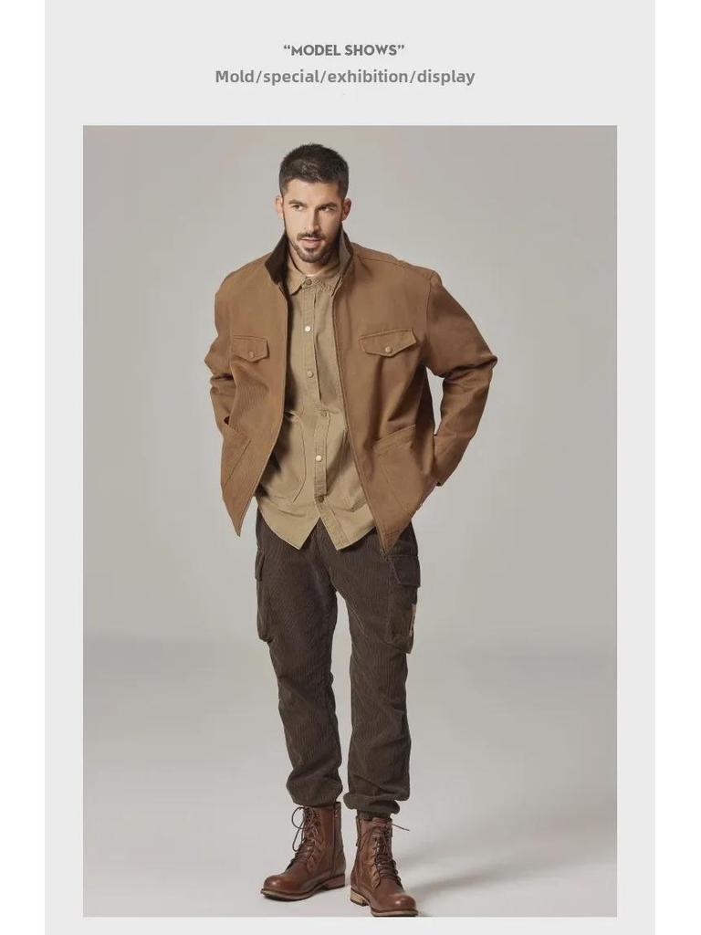 Men's Detroit Retro Coach Jacket: Heavy Washed Lapel Coat for Spring and Autumn