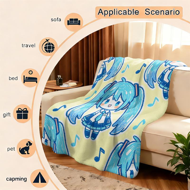 Hatsune Miku Cute Crayon Style Flannel Throw Blanket Gift for Anime Fan Summer Nap Throw Sofa Blanket Bed Cover Travel Blanket