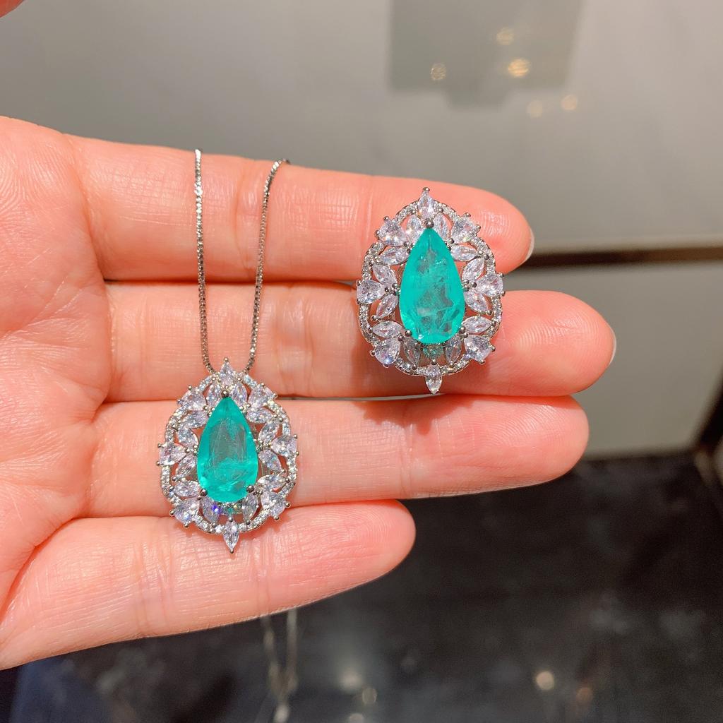 Jewelry Supply Jewelry Set Simulation Paraiba Neon Green Pendant 8 * 14 Ring 8 * 14