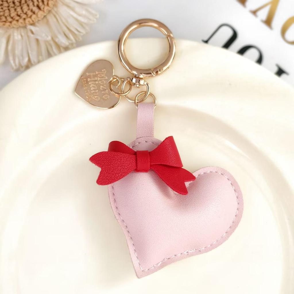 Handmade Bow & Leather Heart Pendant Keychain Lanyard