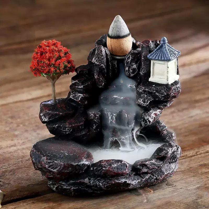 Creative Resin Backflow Incense Burner with High Mountain Flowing Water and Clouds Aromatherapy