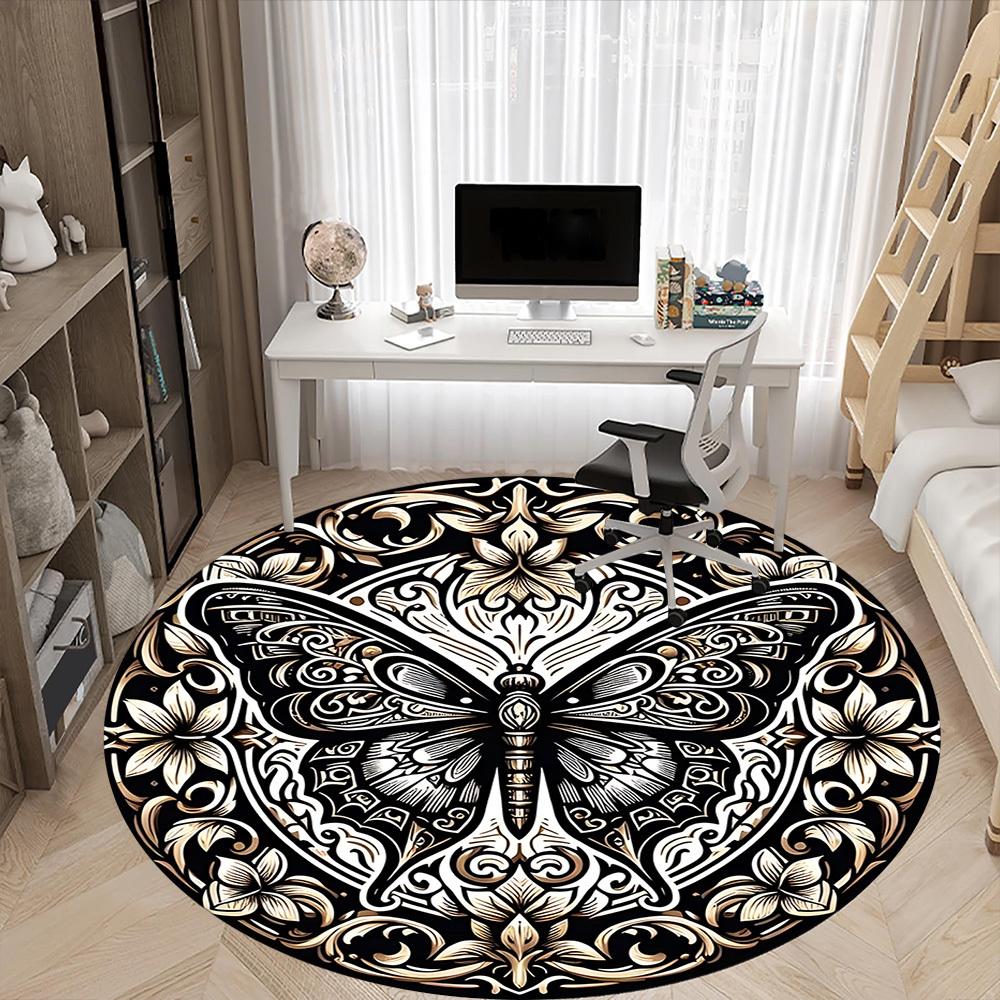 1pc Butterfly Ornament Carpet, Round Non Slip Durable Large Size Office Carpet, Suitable for Office