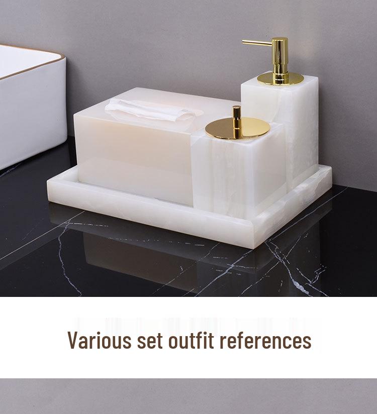 Lux White Jade Bathroom Set: Basin, Tray, Tissue Box, Lotion Dispenser - 4 or 5 Piece Set