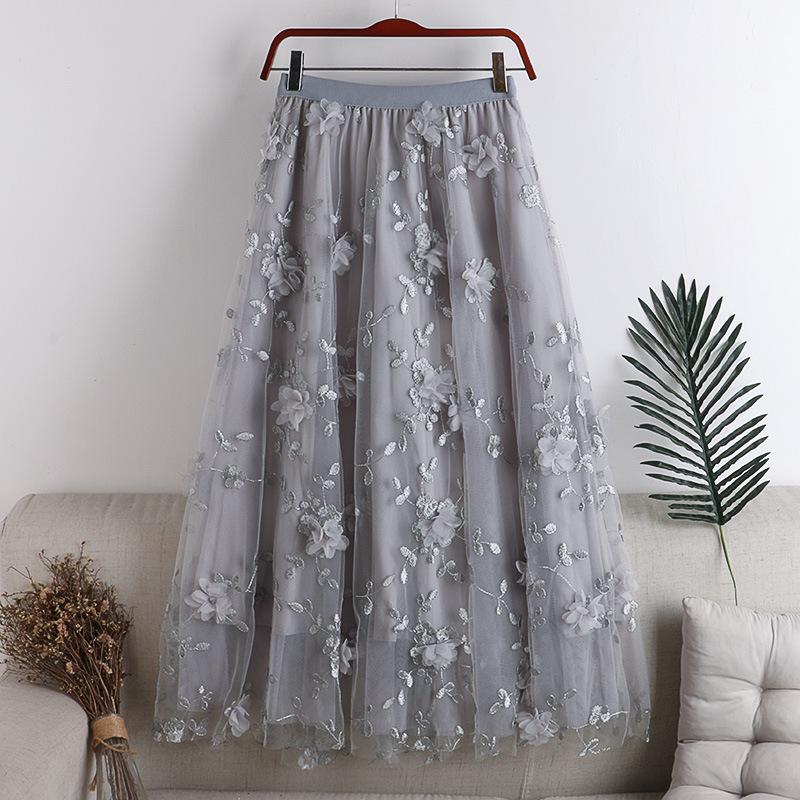 

2023 Spring A-line High Waist Slimming Midi Skirt with Embroidered Flowers and Double Layer Mesh One Size серый