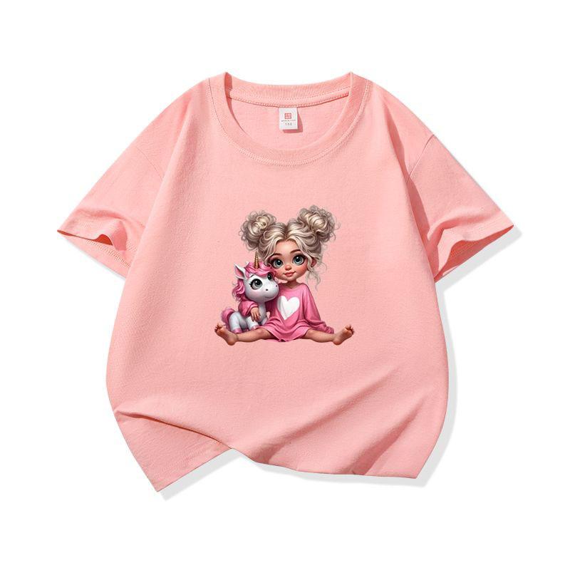 Kids Pure Cotton T Shirt Girl Sitting With Pink Unicorn Print Crew Neck Short Sleeve Tee Casual Boys Girls Summer Tops