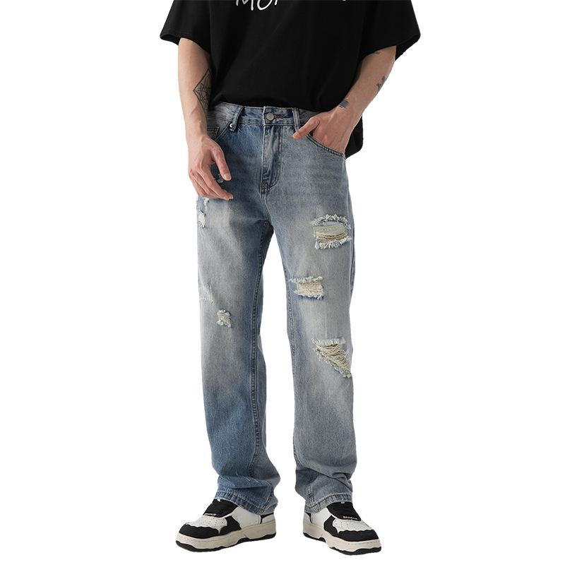 Ripped straight jeans men's American washed trendy high street retro loose wide leg trousers boys