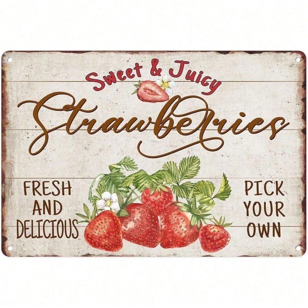 

Metal Wall Art Poster, Vintage Strawberry Leaves Flower, Kitchen Decor