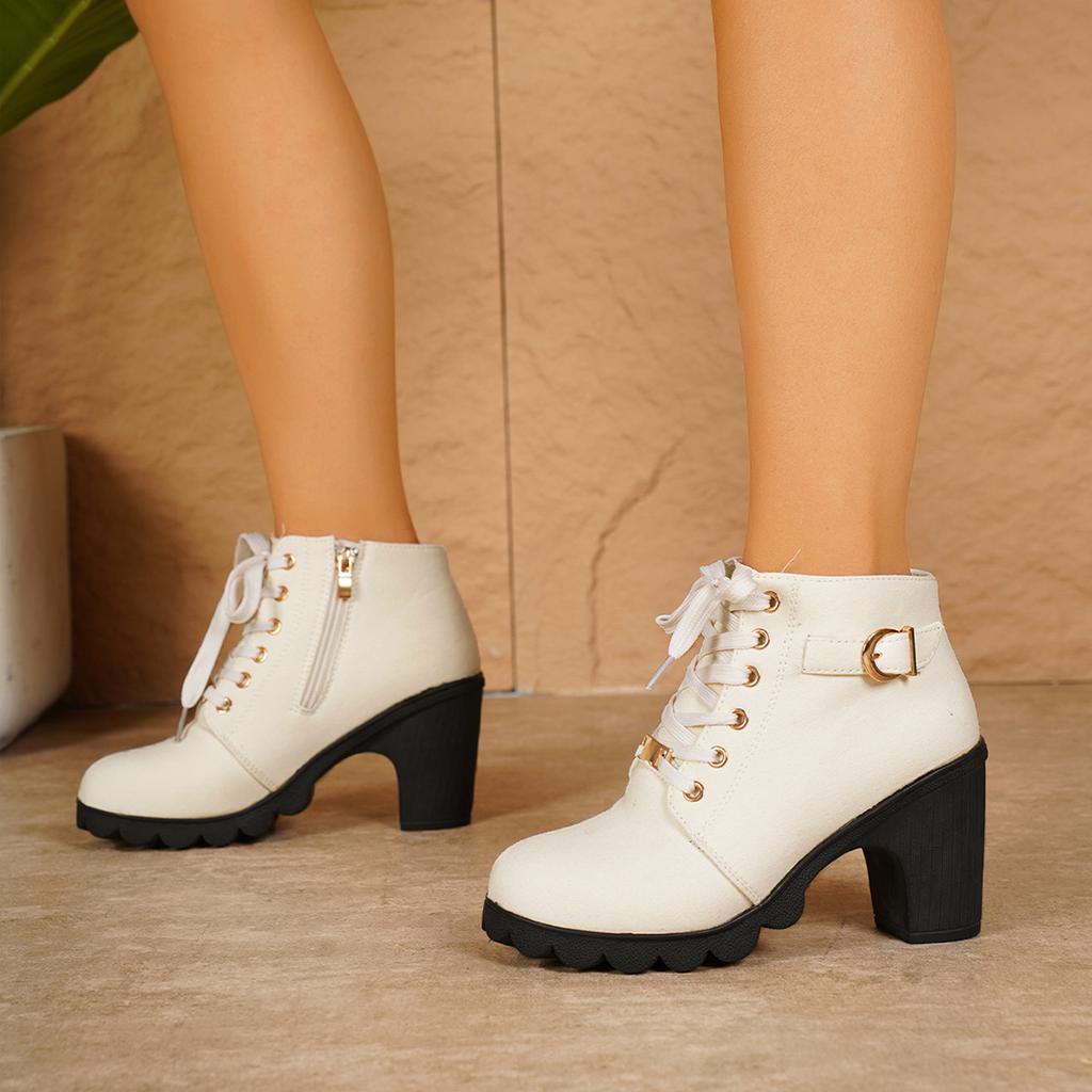 Fashion 2025 New Spring Autumn Women Pumps Boots Lace-up European Ladies Shoes Casual High Heels White Roman Style Ankle Boots for Women