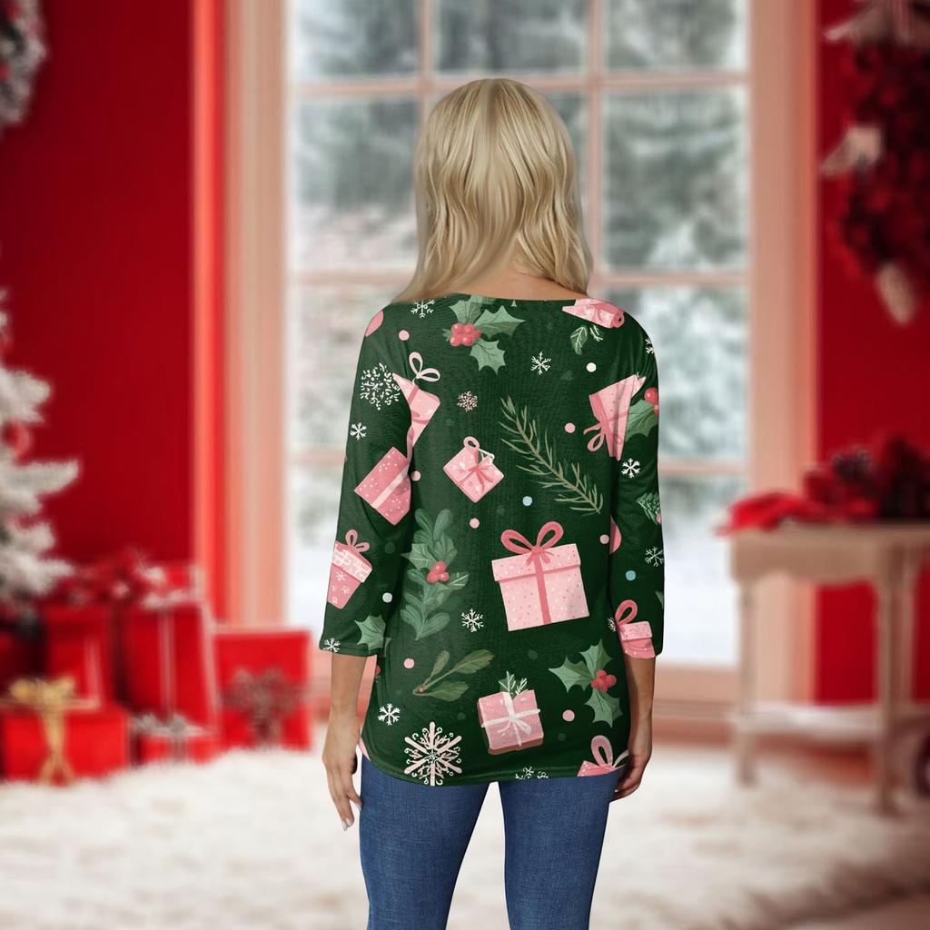 Women's O-Neck 3/4 Sleeve Christmas Print Top