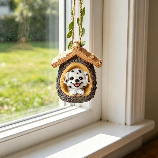 Zahradní závěsná socha psa Malý roztomilý pes v domku na pařezu Ozdoba Venkovní pryskyřičné štěně Dekorace na balkon Nádvoří