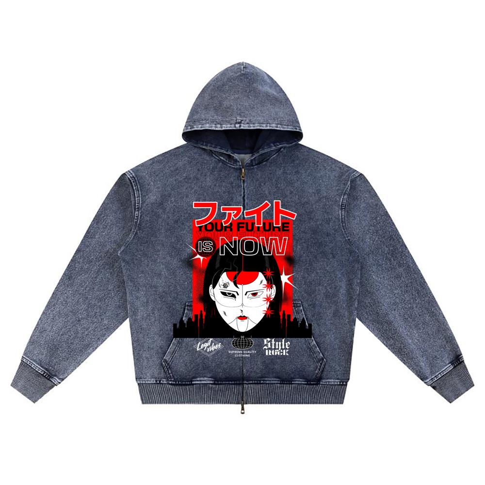 

DTG print Knitted Denim Zip-Up Hoodie Fight Your Future is Now Japanese Manga Brother Print Zipper Hoodies XL темно-синий