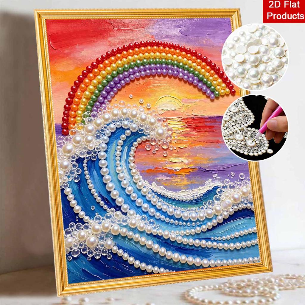 Frameless Pearl Bead Painting Kit Rainbow Ocean Wave Pattern DIY Sparkling Art Canvas Creative Leisure Craft for Adults Wall Decor Home Gift