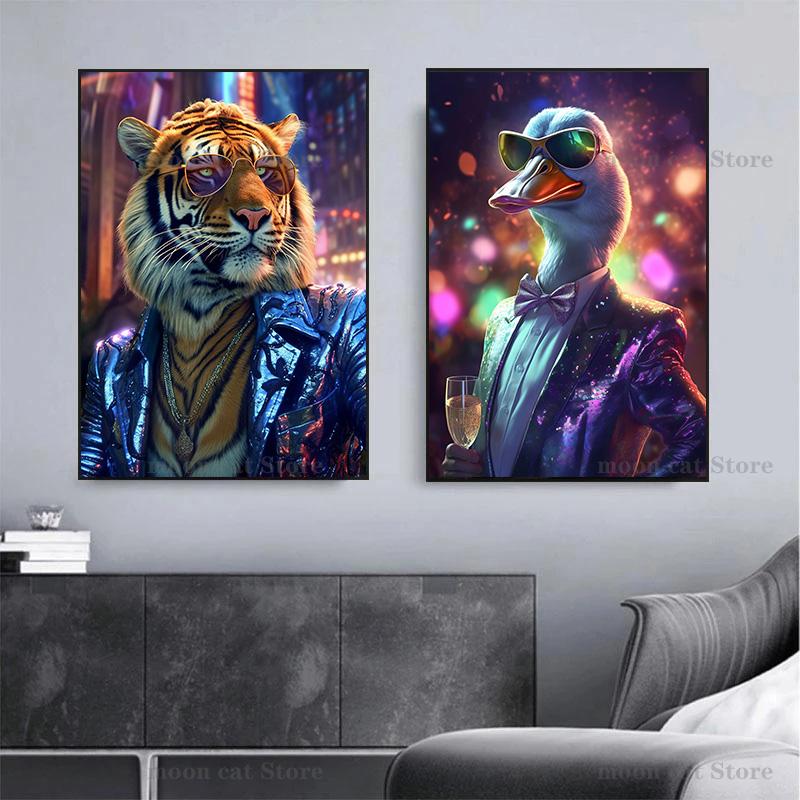 Animale de petrecere amuzante Boxer Câine/Pisică siameză/Rață/Tigru Poster Pânză Pictură DJ Muzică Wall Art Pictures Home Club Bar Decor