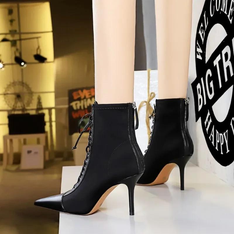 Autumn Winter Boots for Women Ankle Boot Zipper 8CM Stiletto Thin Heel Shallow Mouth Pointed Crossed Strap Short Boot