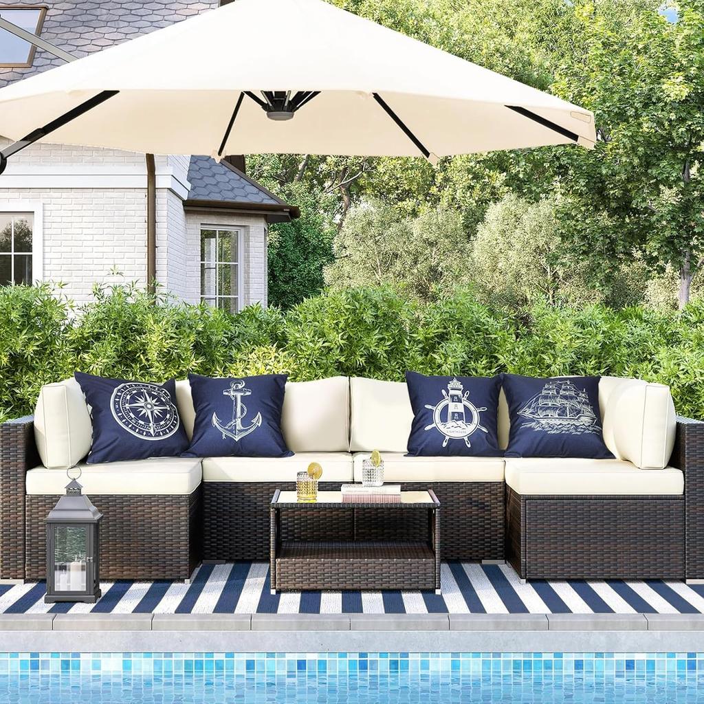 Bonhause Nautical Navy Blue Pillow Covers 18x18 Set of 4 Anchor Lighthouse Sailboat Compass Decorative Pillow Cases Linen Cushion Covers for Sofa