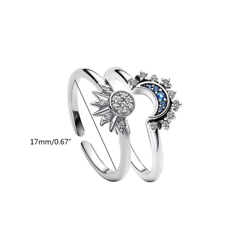 2Pcs Colorful Diamonds Open Rings Alloy Finger Rings Ornaments Stackable Sun Moon Rings Accessory Set for Women Girls