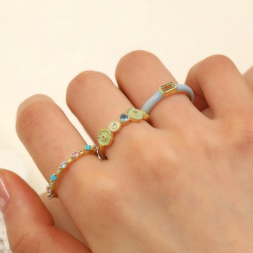 Trendy Temperament Enamel Lotus Leaf Fritillaria Colored Zircon Open Stackable Ring for Women Stainless Steel Designer Jewelry