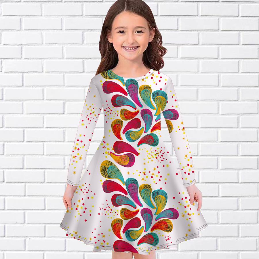 

Girl Casual Colorful Flower Buds Print Round Neck Long Sleeve Dress Kid Princess Dress