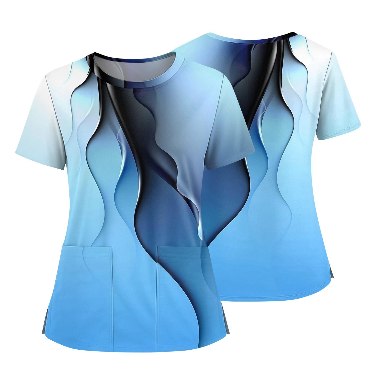 

Женская модная футболка с принтом, круглым вырезом, карманом, короткими рукавами и разрезом по низу, униформа и рабочая блузка XXXL