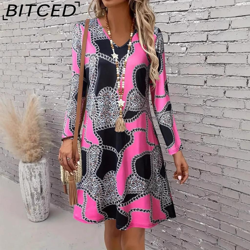 BITCED Spring/Summer Women's Wear Printed Wave-Pattern V-Neck Lace-Panel Short-Sleeved Dress