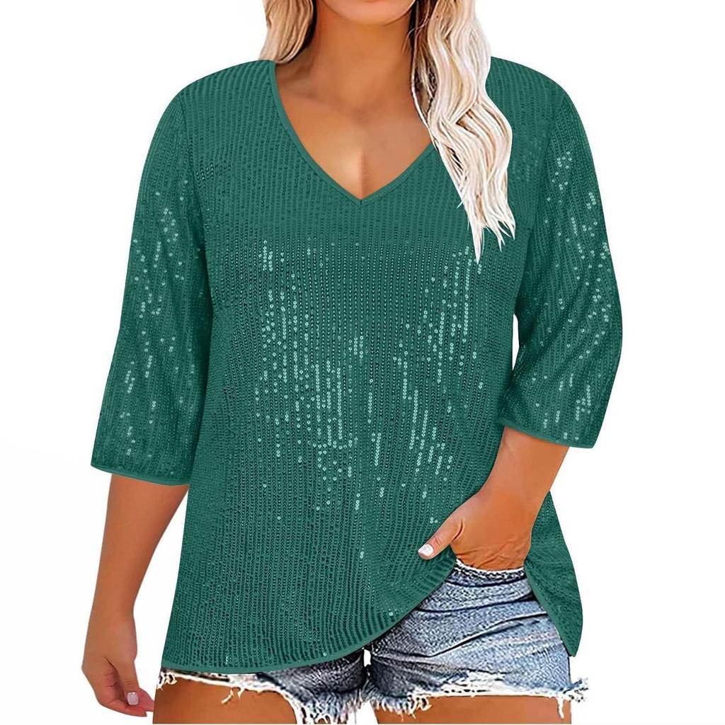 Women's Loose Large Size Solid Color Sequined V-Neck Three-quarter Sleeve T-Shirt Top