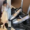French Silver Rhinestone Mid-heel High-heeled Shoes Women 2025 New One-line Buckle Heel Pumps Luxury Sandals