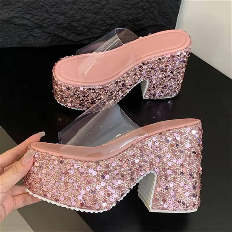 Fashion Eilyken Summer PVC Transparen Sequin Cloth Platform Open Toe Women's Slippers Designer Square High Heels Shoes Zapatos De Mujer