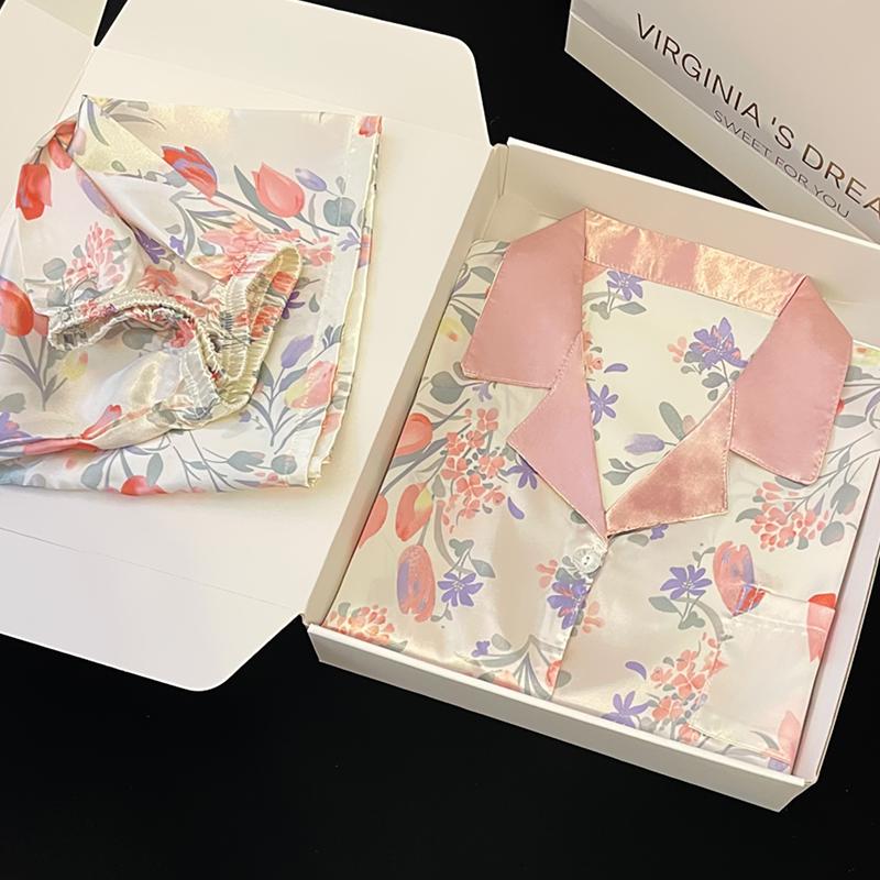 

Летняя новинка, женская милая атласная шелковая пижама с цветочным принтом, короткий рукав + брюки, женская шелковая милая домашняя одежда, повседневная одежда XXL