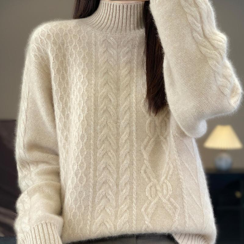 Thickened Half-high Neck Twisted Flower Sweater for Women In Autumn and Winter New Loose and Versatile Cashmere Knitted Sweater Base Shirt