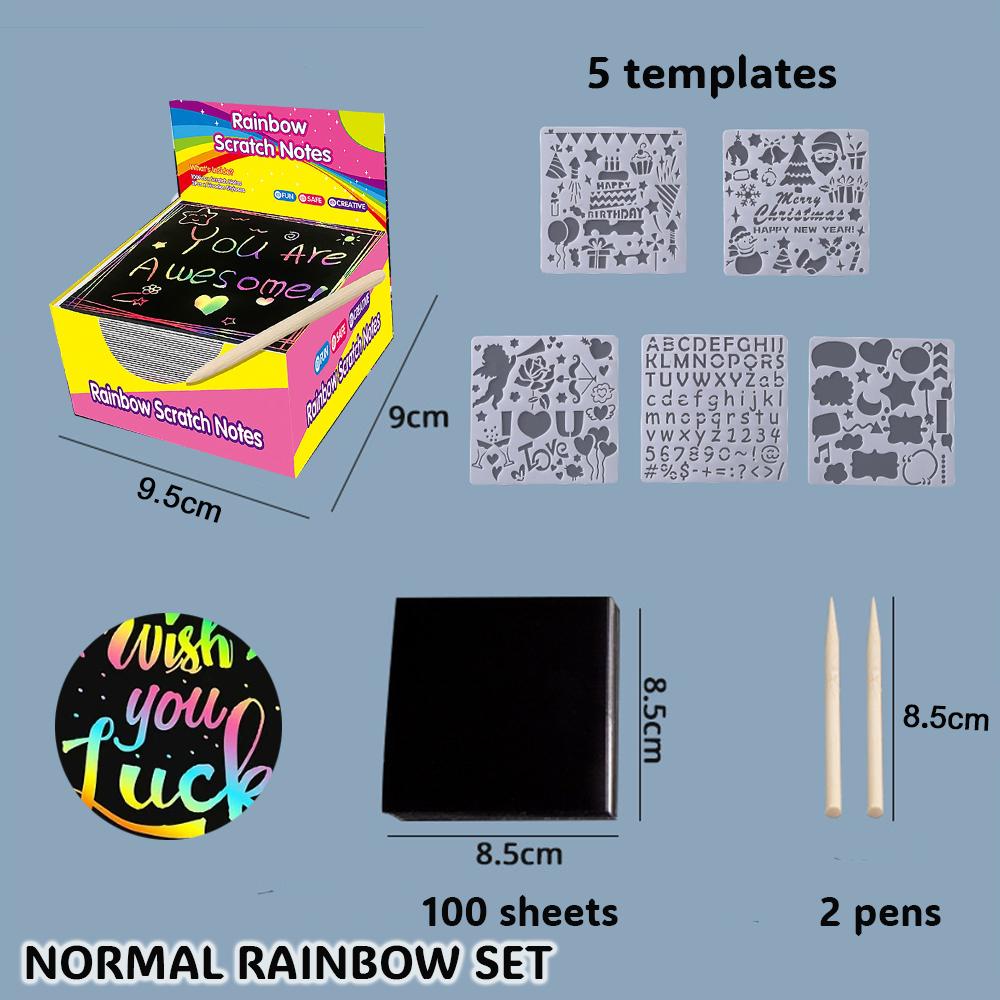 Laser Rainbow Scratch Paper Set with Templetes, Normal/Shinning Black Scratch Memo Pads