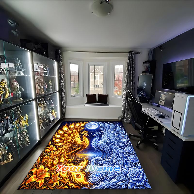 1PC Custom Name Golden Phoenix Blue Peacock Theme Floor Mat Ideal for Living Room, Game Rooms, Office, Bedroom,Floor Mat Playful Design