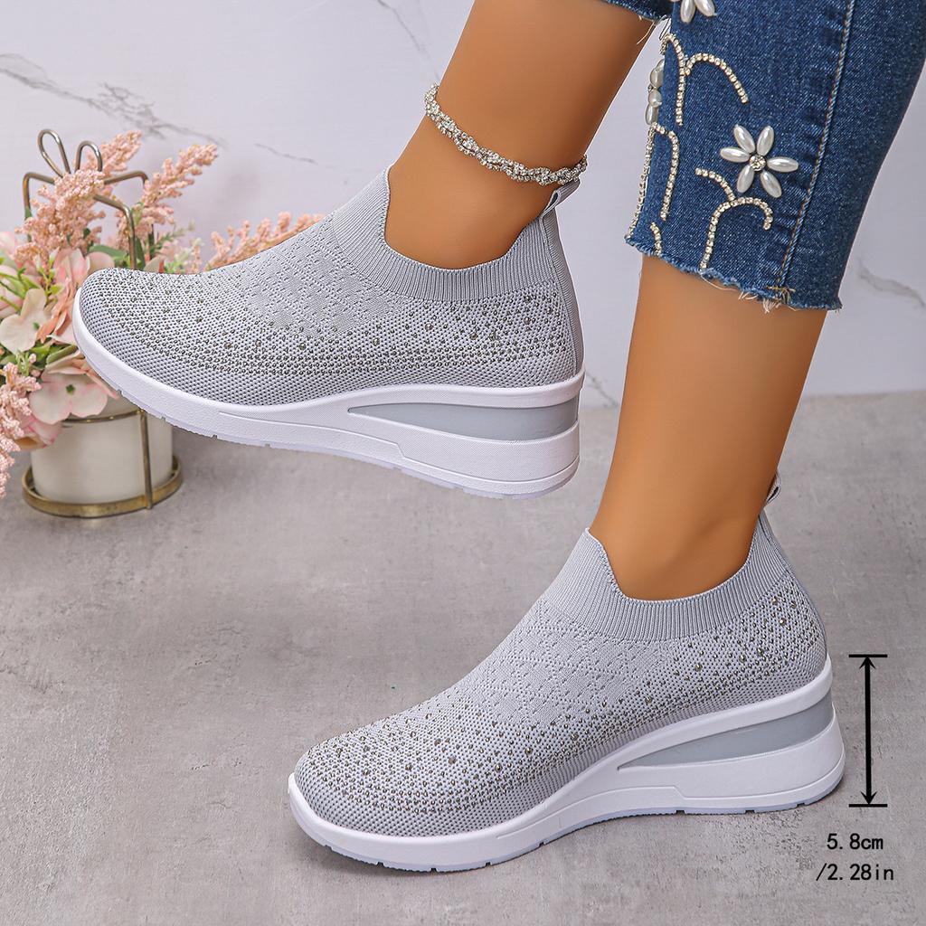 Women's Slip-On Crystal Sneakers Breathable Knitted Plus Size 36-43Casual Wedge Running Shoes Women Comfort Sports Walking Shoes