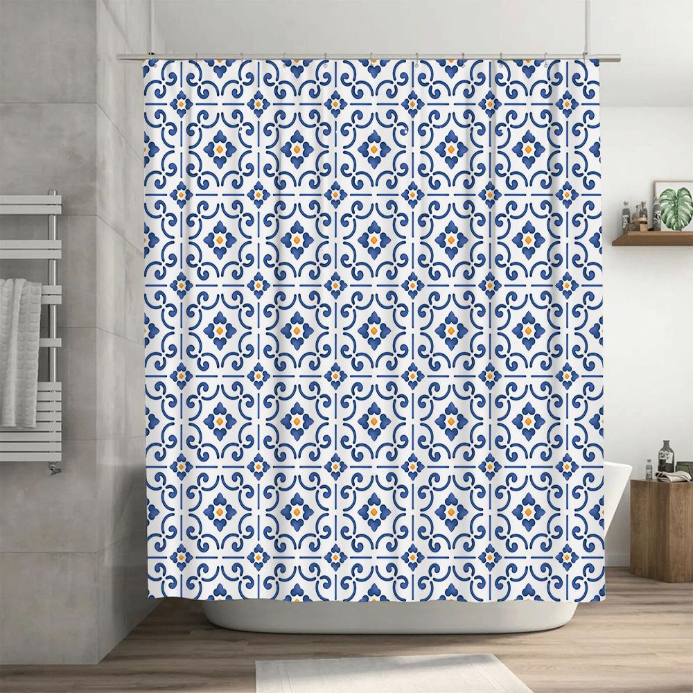 Blue White Ceramic Tile Pattern Waterproof Shower Curtain 3D Printing Bathroom Decor Waterproof Fabric Blue White Bath Mat Print