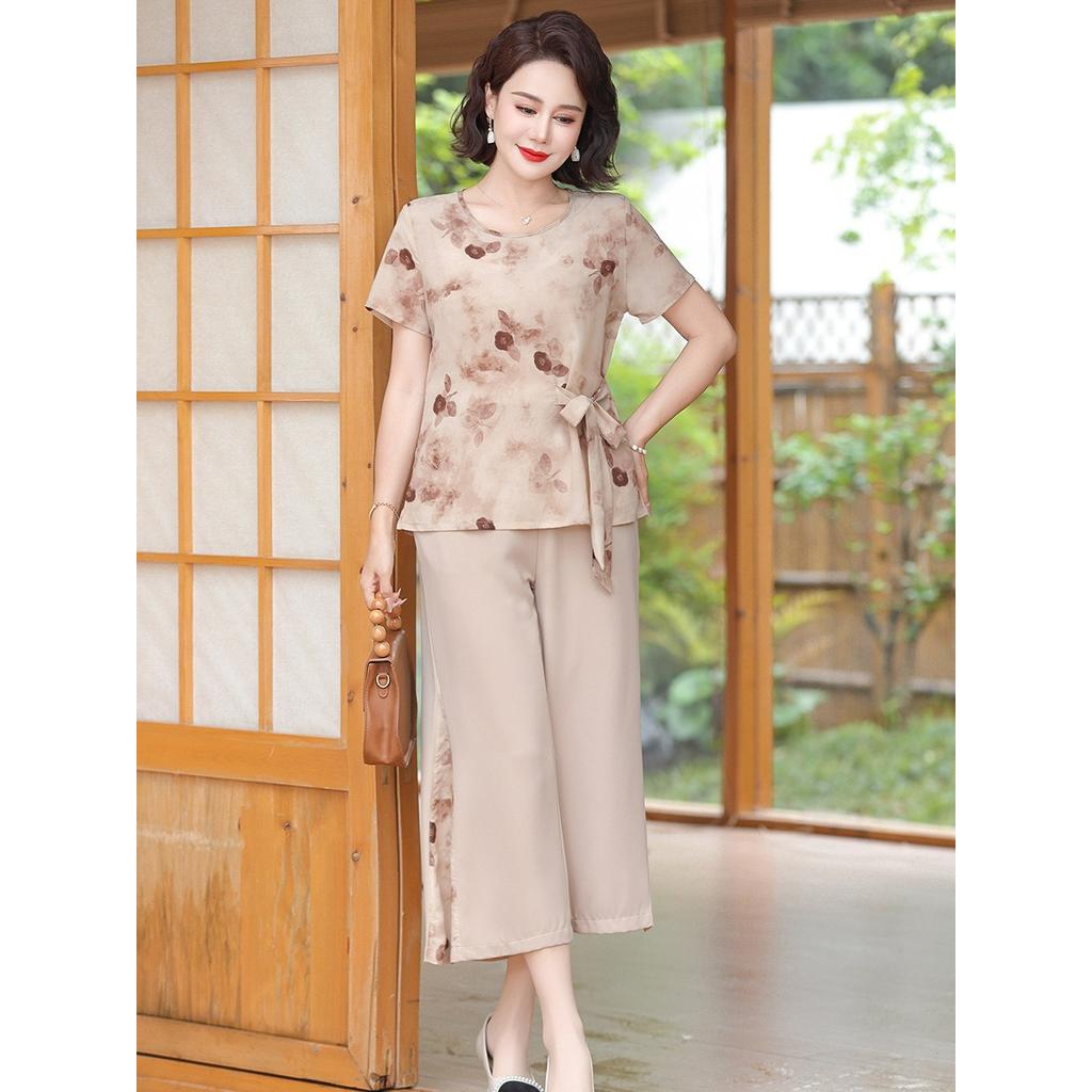 Mother Temperament Plus Size Chiffon Small Shirt Women's Summer Wide-leg Pants Middle-aged and Elderly Summer Western Style Half-sleeved Suit