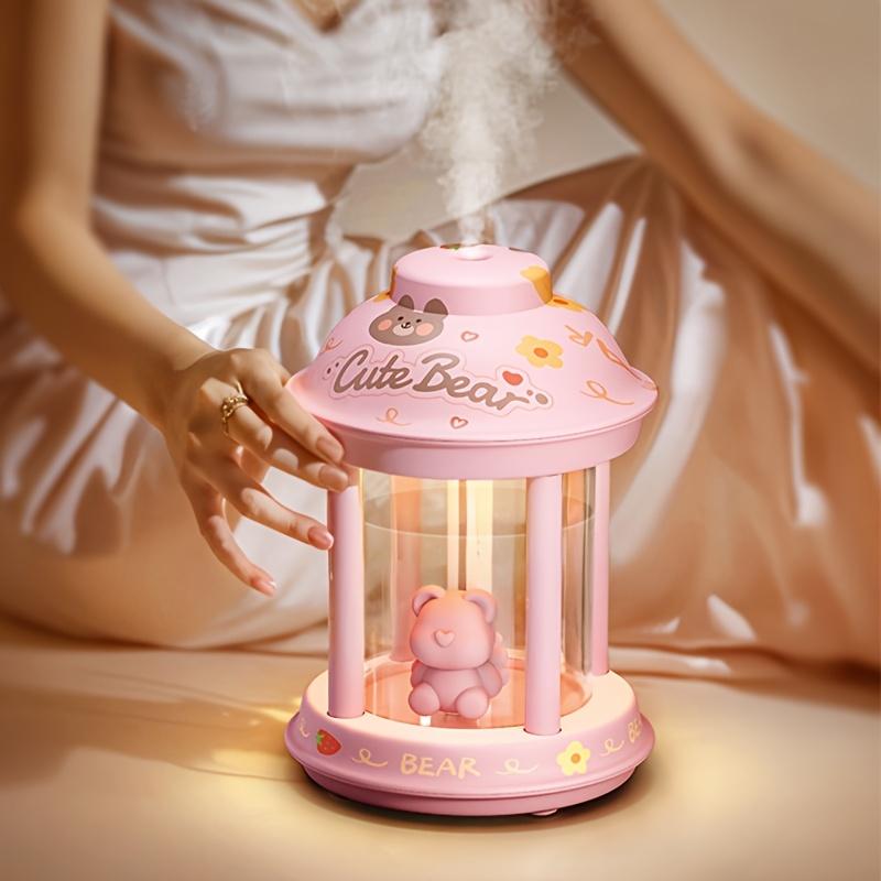 Cute bear pet themed humidifier with warm rainbow ambient light, USB powered, silent noiseless aromatherapy, with night light