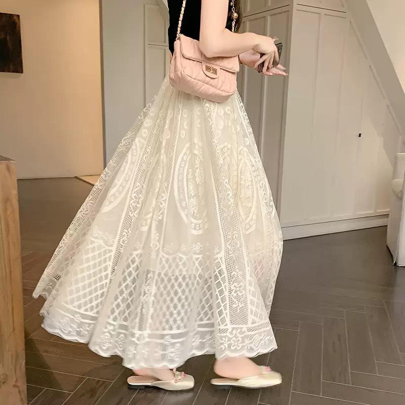 Women's Summer High-Waist Lace Mesh A-line Skirt