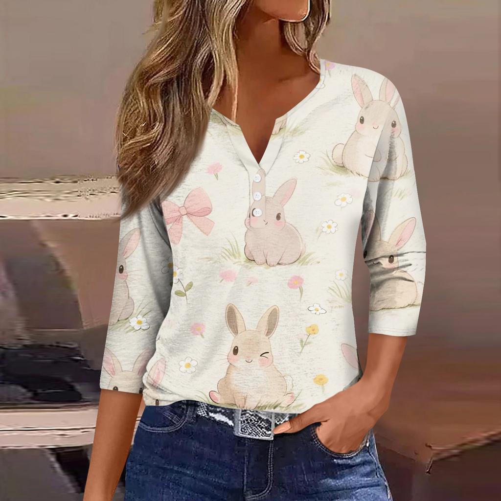 Women's Fashion Casual Easter Printed V-neck Short Sleeve Decorative Button Seven Sleeve T-shirt Top