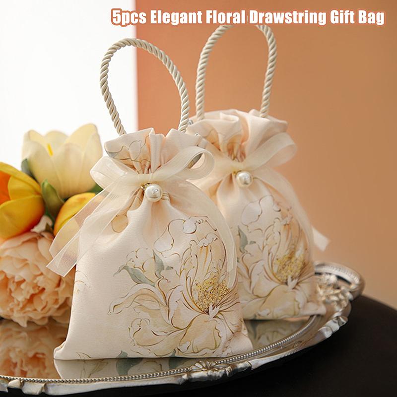 5 Pieces Elegant Floral Drawstring Gift Bags With Pearl Embellishments And Ribbon - Perfect For Weddings, Birthdays, Holidays