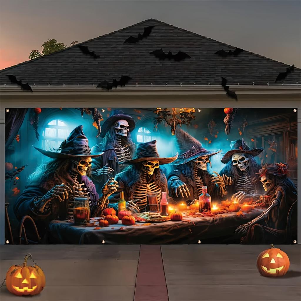 Halloween garage banner featuring skull and witch patterns no electricity or feathers required.PMJ