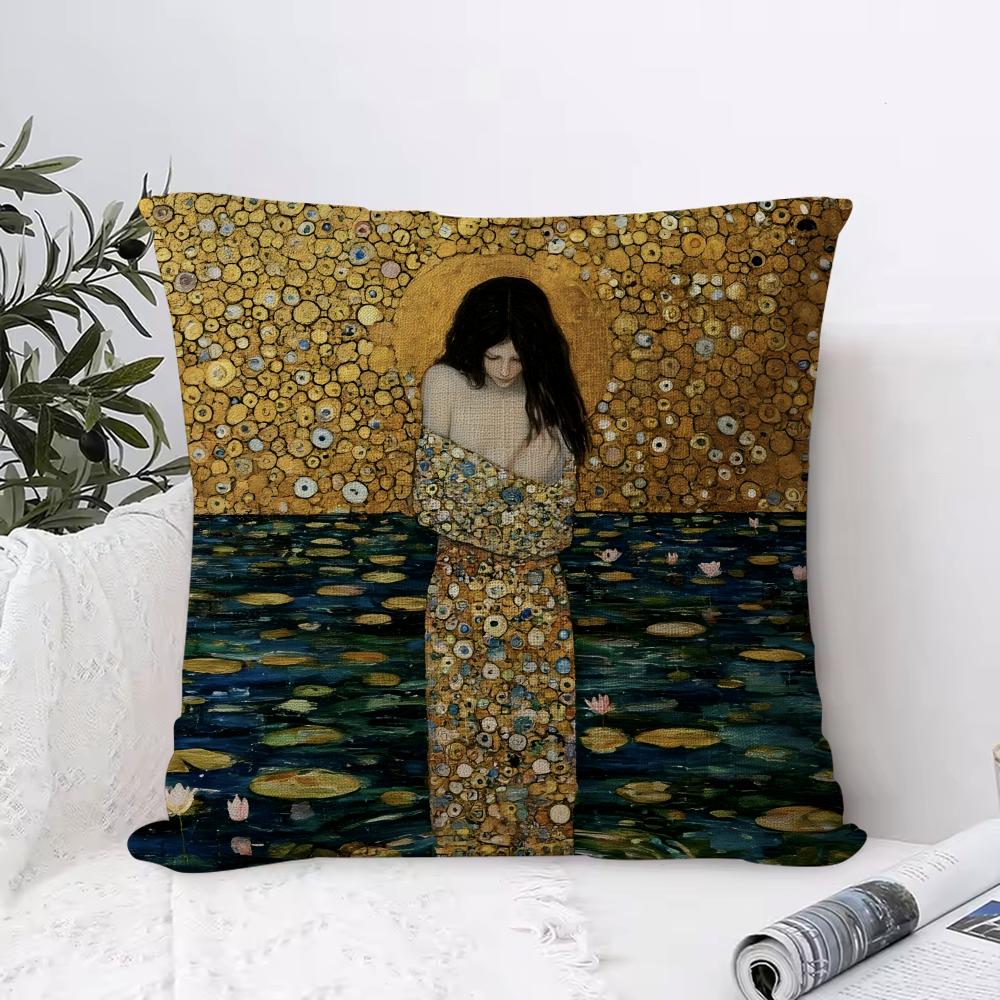 Gustav Klimt Oil Painting Cushion Cover Breathable Linen Pillow Cover SkinFriendly Home Decor Pillowcase with Hidden Zipper