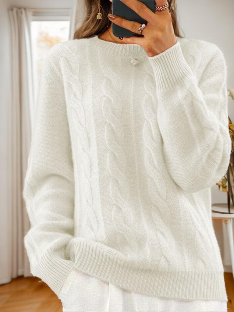 2024 Women's Autumn/Winter Casual Cable Knit Sweater - Solid Color Round Neck Pullover