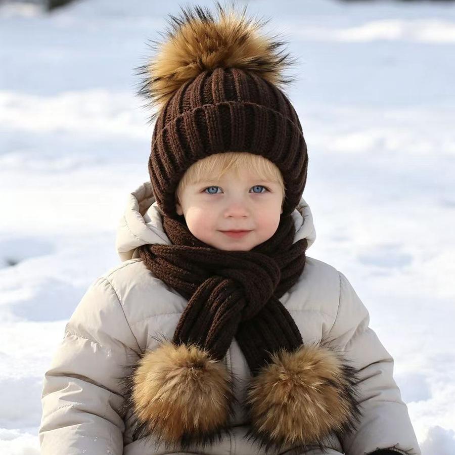 Kids Winter Warm Knitted Set Pom‑pom Hat Scarf Gloves 3‑Pcs Set Or Single Beanie Hat Windproof Ear Protection For Boys Girls Cold Weather Outdoor